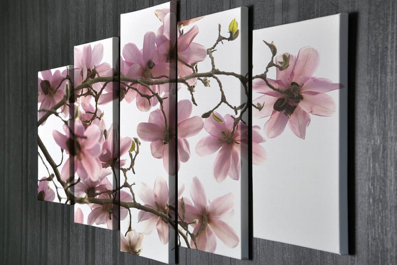 Stort lerretsbilde i 5 deler 105x70 cm - Rosa magnoliablomster på grener - Rosa / Grønn / Brun - Interiør - Maleri & posters - Lerretsbilder