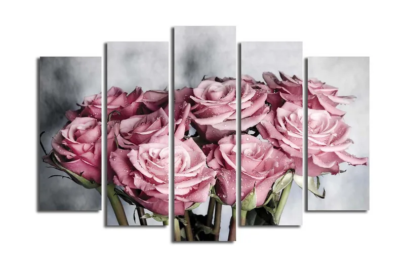 Stort lerretsbilde i 5 deler 105x70 cm - Rosa roser med vanndråper, Rosa / Grønn / Hvit