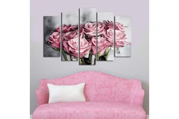 Stort lerretsbilde i 5 deler 105x70 cm - Rosa roser med vanndråper - Rosa / Grønn / Hvit - Interiør - Maleri & posters - Lerretsbilder