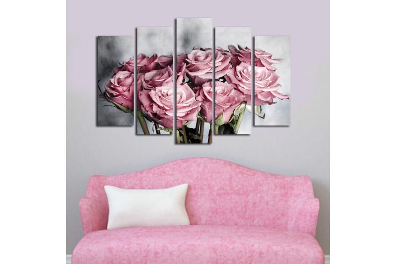 Stort lerretsbilde i 5 deler 105x70 cm - Rosa roser med vanndråper - Rosa / Grønn / Hvit - Interiør - Maleri & posters - Lerretsbilder