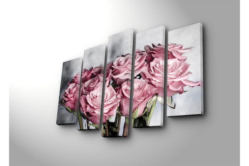 Stort lerretsbilde i 5 deler 105x70 cm - Rosa roser med vanndråper - Rosa / Grønn / Hvit - Interiør - Maleri & posters - Lerretsbilder