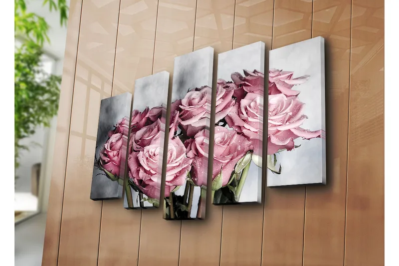 Stort lerretsbilde i 5 deler 105x70 cm - Rosa roser med vanndråper - Rosa / Grønn / Hvit - Interiør - Maleri & posters - Lerretsbilder
