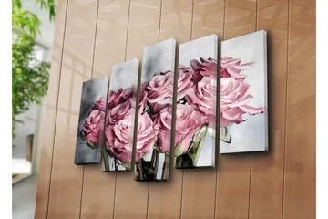 Stort lerretsbilde i 5 deler 105x70 cm - Rosa roser med vanndråper - Rosa / Grønn / Hvit - Interiør - Maleri & posters - Lerretsbilder