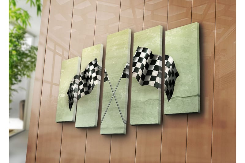 Stort lerretsbilde i 5 deler 105x70 cm - Rutete mållinje i svart og hvitt - Svart / Hvit / Grønn - Interiør - Maleri & posters - Lerretsbilder