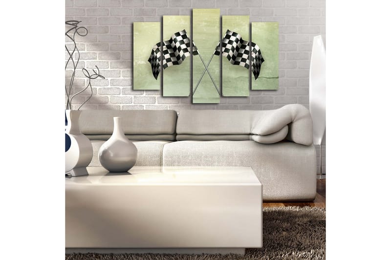 Stort lerretsbilde i 5 deler 105x70 cm - Rutete mållinje i svart og hvitt - Svart / Hvit / Grønn - Interiør - Maleri & posters - Lerretsbilder