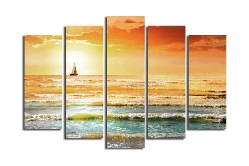 Stort lerretsbilde i 5 deler 105x70 cm - Seilbåt på et glitrende hav i solnedgangens farger - Oransje / Blå / Gull - Interiør - Maleri & posters - Lerretsbilder