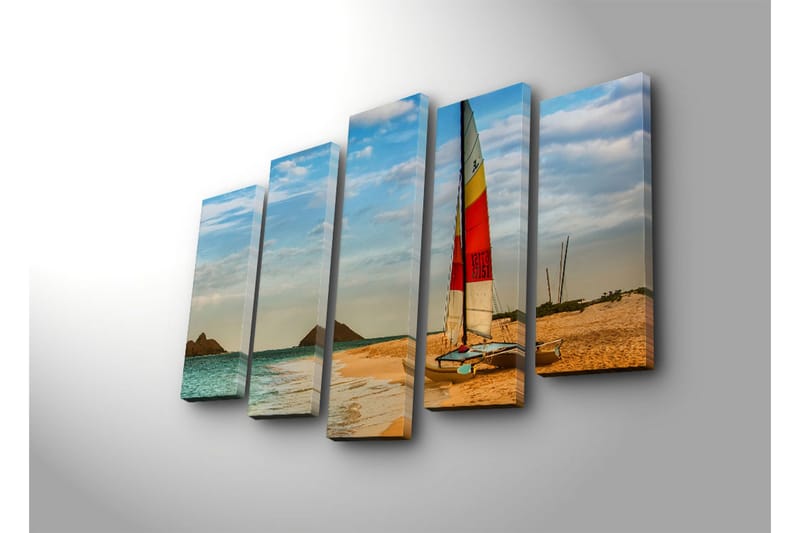 Stort lerretsbilde i 5 deler 105x70 cm - Seilbåt på en strand med klart vann og sanddyner - Blå / Oransje / Gul - Interiør - Maleri & posters - Lerretsbilder