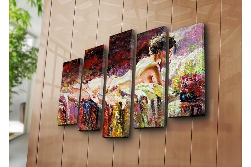 Stort lerretsbilde i 5 deler 105x70 cm - Sensuell kvinne hviler på en seng med blomster i nærheten - Rød / Lilla / Beige - Interiør - Maleri & posters - Lerretsbilder