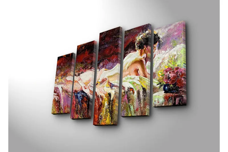 Stort lerretsbilde i 5 deler 105x70 cm - Sensuell kvinne hviler på en seng med blomster i nærheten - Rød / Lilla / Beige - Interiør - Maleri & posters - Lerretsbilder
