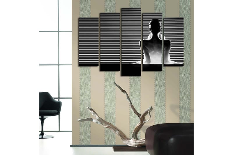 Stort lerretsbilde i 5 deler 105x70 cm - Silhuett av en kvinne i profil mot en stripete bakgrunn - Svart / Hvit / Grå - Interiør - Maleri & posters - Lerretsbilder
