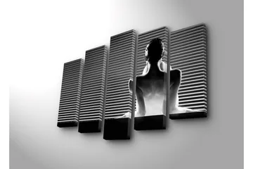 Stort lerretsbilde i 5 deler 105x70 cm - Silhuett av en kvinne i profil mot en stripete bakgrunn - Svart / Hvit / Grå - Interiør - Maleri & posters - Lerretsbilder