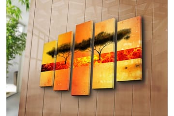 Stort lerretsbilde i 5 deler 105x70 cm - Silhuett av trær mot en fargerik solnedgang - Oransje / Gul / Svart - Interiør - Maleri & posters - Lerretsbilder