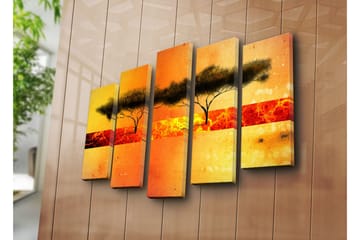 Stort lerretsbilde i 5 deler 105x70 cm - Silhuett av trær mot en fargerik solnedgang - Oransje / Gul / Svart - Interiør - Maleri & posters - Lerretsbilder