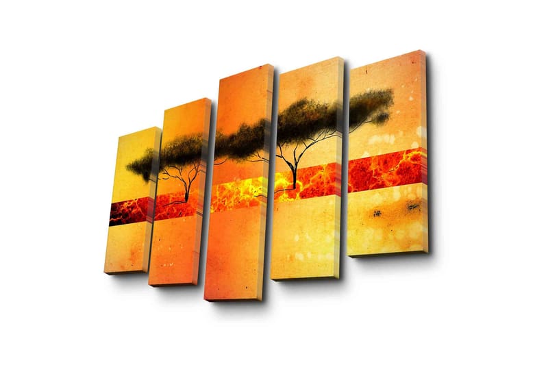 Stort lerretsbilde i 5 deler 105x70 cm - Silhuett av trær mot en fargerik solnedgang - Oransje / Gul / Svart - Interiør - Maleri & posters - Lerretsbilder