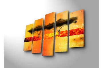 Stort lerretsbilde i 5 deler 105x70 cm - Silhuett av trær mot en fargerik solnedgang - Oransje / Gul / Svart - Interiør - Maleri & posters - Lerretsbilder
