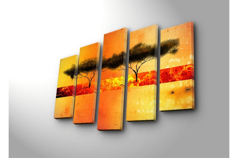 Stort lerretsbilde i 5 deler 105x70 cm - Silhuett av trær mot en fargerik solnedgang - Oransje / Gul / Svart - Interiør - Maleri & posters - Lerretsbilder