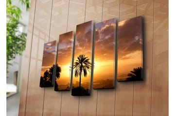 Stort lerretsbilde i 5 deler 105x70 cm - Silhuett av palmer mot en solnedgang i varme toner - Oransje / Gull / Svart - Interiør - Maleri & posters - Lerretsbilder