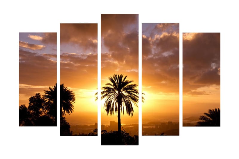 Stort lerretsbilde i 5 deler 105x70 cm - Silhuett av palmer mot en solnedgang i varme toner - Oransje / Gull / Svart - Interiør - Maleri & posters - Lerretsbilder