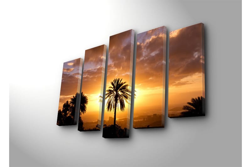 Stort lerretsbilde i 5 deler 105x70 cm - Silhuett av palmer mot en solnedgang i varme toner - Oransje / Gull / Svart - Interiør - Maleri & posters - Lerretsbilder