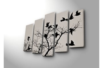 Stort lerretsbilde i 5 deler 105x70 cm - Silhuetter av fugler som flyr fra en gren - Svart / Grå - Interiør - Maleri & posters - Lerretsbilder