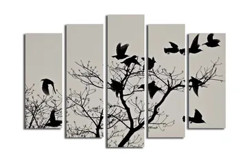 Stort lerretsbilde i 5 deler 105x70 cm - Silhuetter av fugler som flyr fra en gren - Svart / Grå - Interiør - Maleri & posters - Lerretsbilder