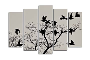 Stort lerretsbilde i 5 deler 105x70 cm - Silhuetter av fugler som flyr fra en gren - Svart / Grå - Interiør - Maleri & posters - Lerretsbilder