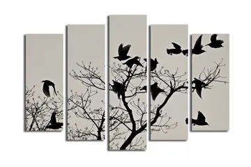 Stort lerretsbilde i 5 deler 105x70 cm - Silhuetter av fugler som flyr fra en gren - Svart / Grå - Interiør - Maleri & posters - Lerretsbilder
