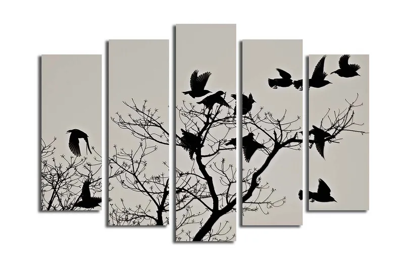 Stort lerretsbilde i 5 deler 105x70 cm - Silhuetter av fugler som flyr fra en gren - Svart / Grå - Interiør - Maleri & posters - Lerretsbilder