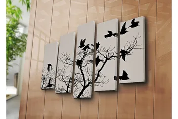 Stort lerretsbilde i 5 deler 105x70 cm - Silhuetter av fugler som flyr fra en gren - Svart / Grå - Interiør - Maleri & posters - Lerretsbilder