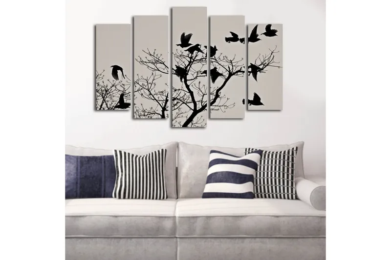 Stort lerretsbilde i 5 deler 105x70 cm - Silhuetter av fugler som flyr fra en gren - Svart / Grå - Interiør - Maleri & posters - Lerretsbilder