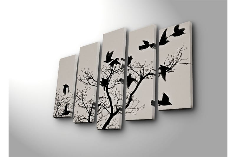 Stort lerretsbilde i 5 deler 105x70 cm - Silhuetter av fugler som flyr fra en gren - Svart / Grå - Interiør - Maleri & posters - Lerretsbilder