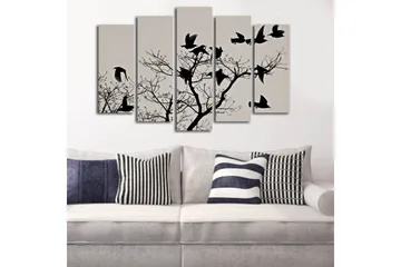 Stort lerretsbilde i 5 deler 105x70 cm - Silhuetter av fugler som flyr fra en gren - Svart / Grå - Interiør - Maleri & posters - Lerretsbilder