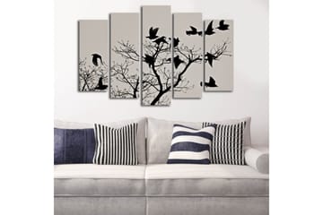 Stort lerretsbilde i 5 deler 105x70 cm - Silhuetter av fugler som flyr fra en gren - Svart / Grå - Interiør - Maleri & posters - Lerretsbilder