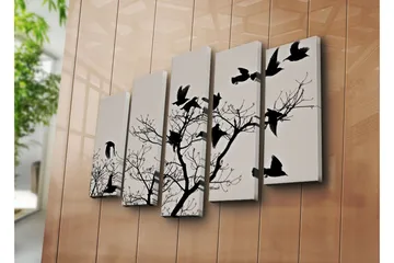 Stort lerretsbilde i 5 deler 105x70 cm - Silhuetter av fugler som flyr fra en gren - Svart / Grå - Interiør - Maleri & posters - Lerretsbilder