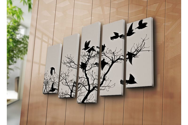 Stort lerretsbilde i 5 deler 105x70 cm - Silhuetter av fugler som flyr fra en gren - Svart / Grå - Interiør - Maleri & posters - Lerretsbilder