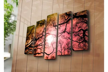 Stort lerretsbilde i 5 deler 105x70 cm - Silhuetter av tregrener mot en fargerik solnedgang - Svart / Rosa / Oransje - Interiør - Maleri & posters - Lerretsbilder