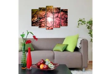 Stort lerretsbilde i 5 deler 105x70 cm - Silhuetter av tregrener mot en fargerik solnedgang - Svart / Rosa / Oransje - Interiør - Maleri & posters - Lerretsbilder