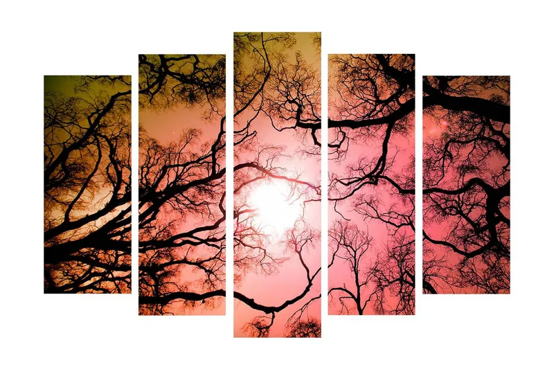 Stort lerretsbilde i 5 deler 105x70 cm - Silhuetter av tregrener mot en fargerik solnedgang - Svart / Rosa / Oransje - Interiør - Maleri & posters - Lerretsbilder