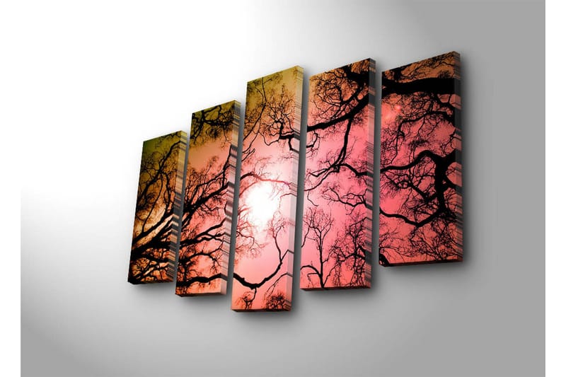 Stort lerretsbilde i 5 deler 105x70 cm - Silhuetter av tregrener mot en fargerik solnedgang - Svart / Rosa / Oransje - Interiør - Maleri & posters - Lerretsbilder
