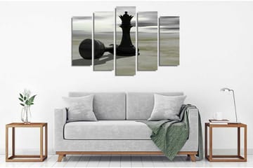 Stort lerretsbilde i 5 deler 105x70 cm - Sjakkbrikke i silhuett med dramatisk bakgrunn - Svart / Grå / Beige - Interiør - Maleri & posters - Lerretsbilder