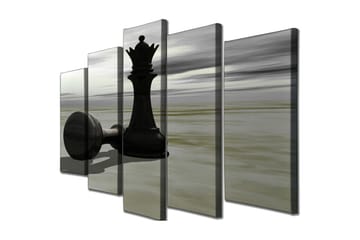 Stort lerretsbilde i 5 deler 105x70 cm - Sjakkbrikke i silhuett med dramatisk bakgrunn - Svart / Grå / Beige - Interiør - Maleri & posters - Lerretsbilder