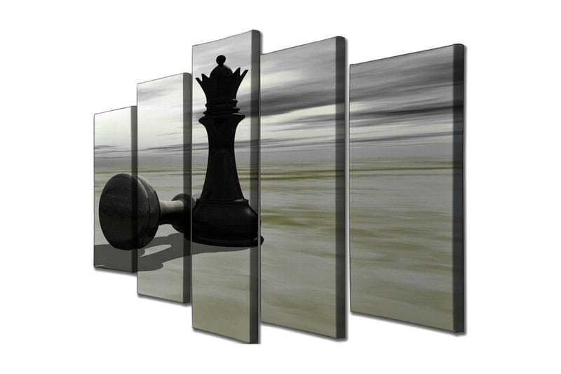 Stort lerretsbilde i 5 deler 105x70 cm - Sjakkbrikke i silhuett med dramatisk bakgrunn - Svart / Grå / Beige - Interiør - Maleri & posters - Lerretsbilder