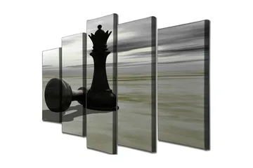Stort lerretsbilde i 5 deler 105x70 cm - Sjakkbrikke i silhuett med dramatisk bakgrunn - Svart / Grå / Beige - Interiør - Maleri & posters - Lerretsbilder