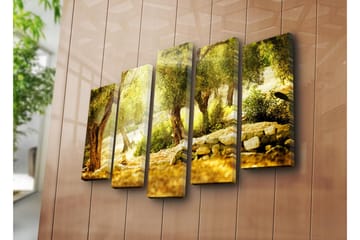 Stort lerretsbilde i 5 deler 105x70 cm - Solbelyst olivenlund med trær og steinmur - Gull / Grønn / Brun - Interiør - Maleri & posters - Lerretsbilder