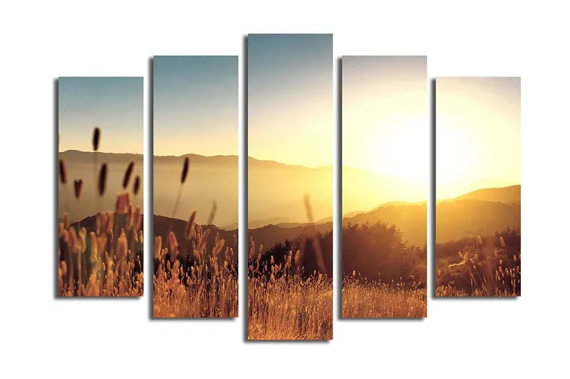 Stort lerretsbilde i 5 deler 105x70 cm - Solnedgang over bølgende landskap med gresstrå i forgrunnen - Gull / Oransje / Blå - Interiør - Maleri & posters - Lerretsbilder