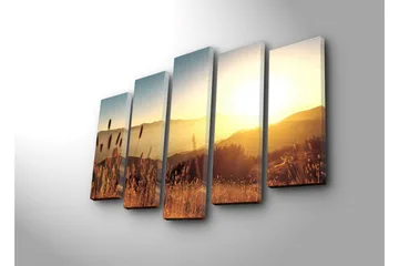 Stort lerretsbilde i 5 deler 105x70 cm - Solnedgang over bølgende landskap med gresstrå i forgrunnen - Gull / Oransje / Blå - Interiør - Maleri & posters - Lerretsbilder