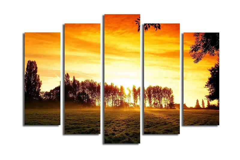 Stort lerretsbilde i 5 deler 105x70 cm - Solnedgang over en skog av silhuetter - Oransje / Gull / Svart - Interiør - Maleri & posters - Lerretsbilder