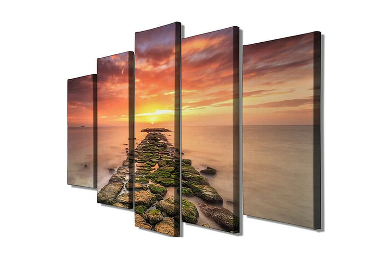 Stort lerretsbilde i 5 deler 105x70 cm - Solnedgang over en steinete brygge, Oransje / Grønn / Blå