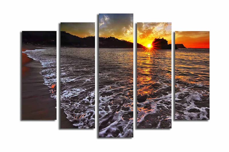 Stort lerretsbilde i 5 deler 105x70 cm - Solnedgang over havet med refleksjoner i vannet - Oransje / Blå / Grå - Interiør - Maleri & posters - Lerretsbilder