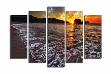 Stort lerretsbilde i 5 deler 105x70 cm - Solnedgang over havet med refleksjoner i vannet - Oransje / Blå / Grå - Interiør - Maleri & posters - Lerretsbilder